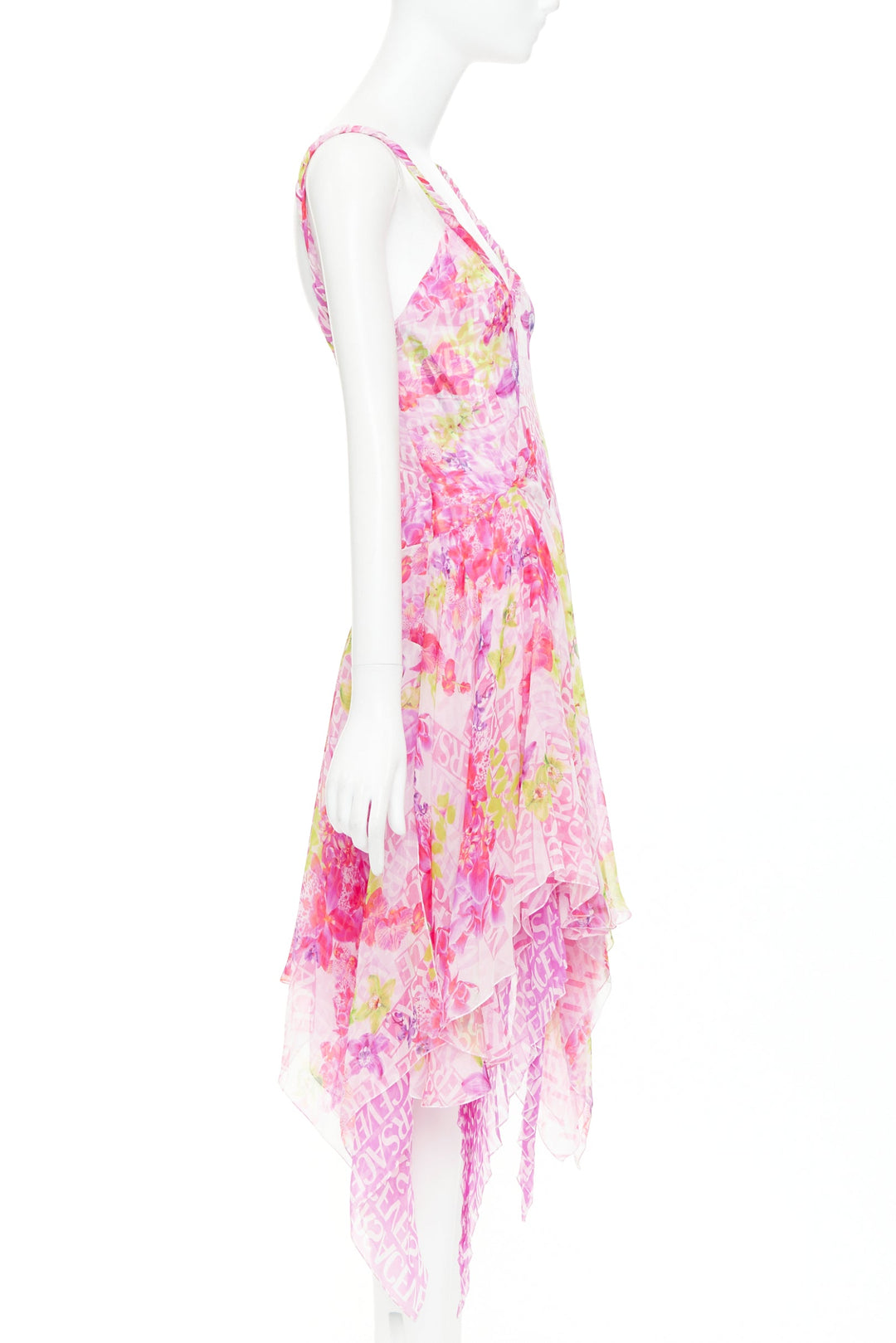 VERSACE 2023 Runway silk chiffon pink orchid logo chiffon pleated dress IT38