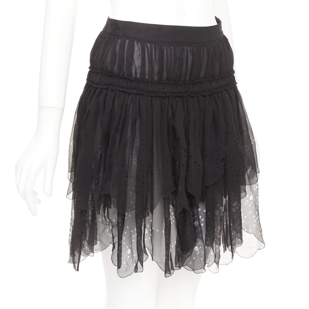 JOHN GALLIANO Gonna black 100% shirred silk laser cut holes prairie skirt FR36 S
