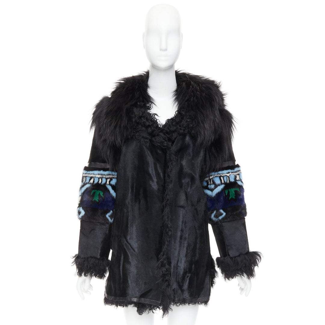 EMILIO PUCCI Vintage ethnic black calf mixed shearling raccoon fur coat IT40 S