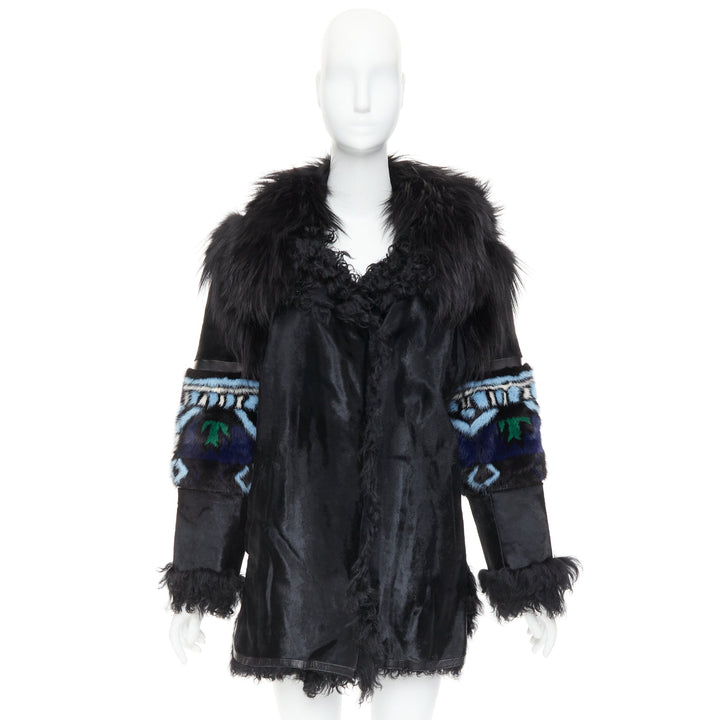 EMILIO PUCCI Vintage ethnic black calf mixed shearling raccoon fur coat IT40 S