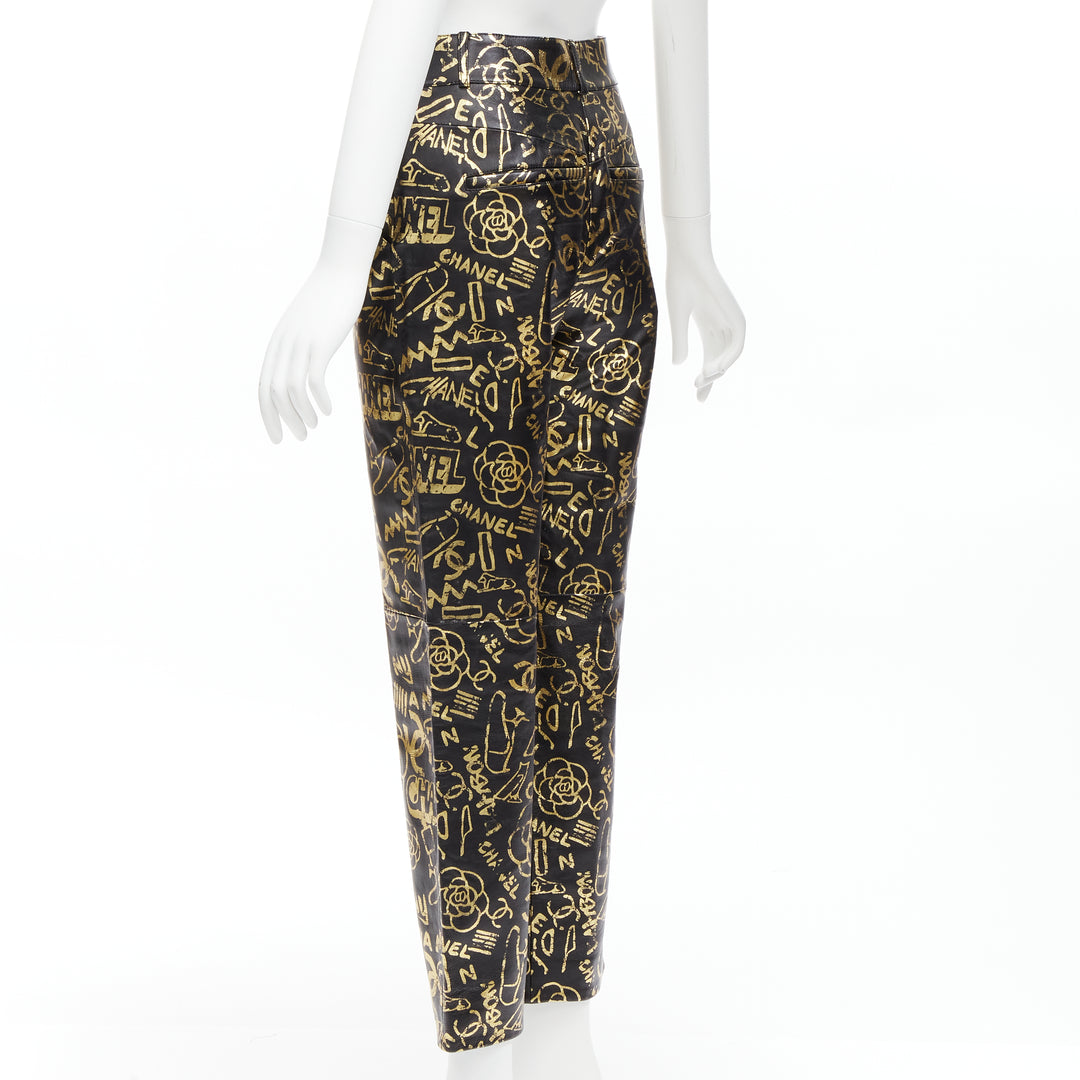 CHANEL 19A gold CC Camellia graffiti black lambskin leather pants FR34 XS