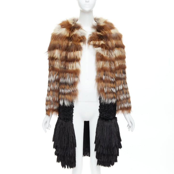 GIAMBATTISTA VALLI brown black mixed fur fringe hem long coat