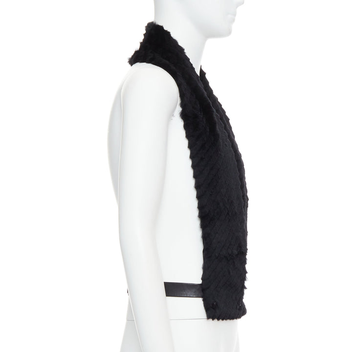 VERSACE black textured rabbit fur soft leather belt shawl scarf vest