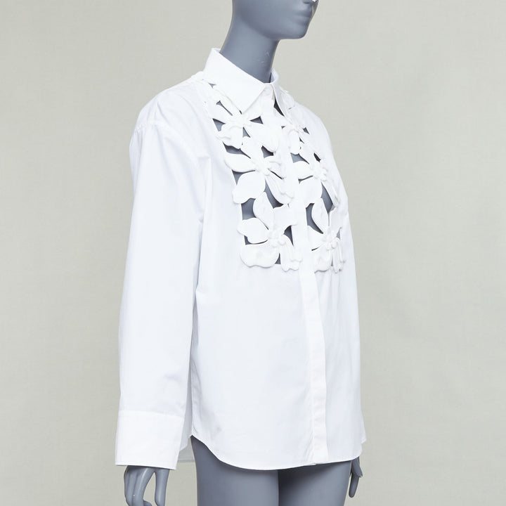VALENTINO 2023 white floral 3D applique cut out bib dress shirt IT36 XXS