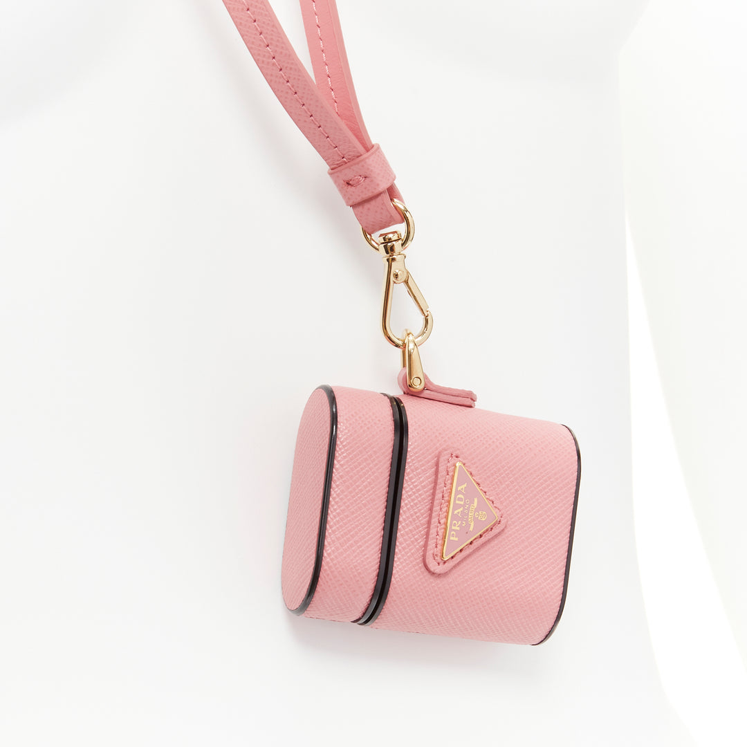 PRADA Symbole Triangle logo saffiano leather AirPods case lanyard pink
