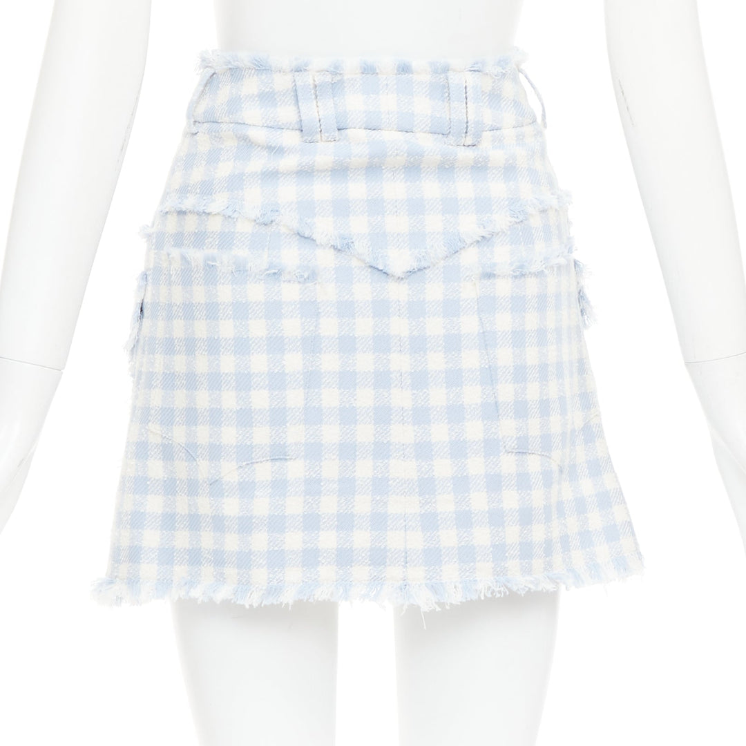 BALMAIN light blue white checked cotton tweed cargo pocket skirt FR34 XS