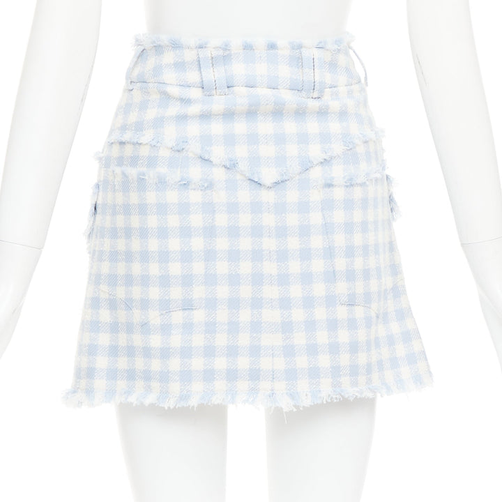 BALMAIN light blue white checked cotton tweed cargo pocket skirt FR34 XS