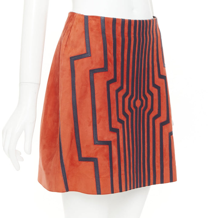 LOEWE 2016 Cyborg orange goat suede navy geometric inset applique skirt FR38 M