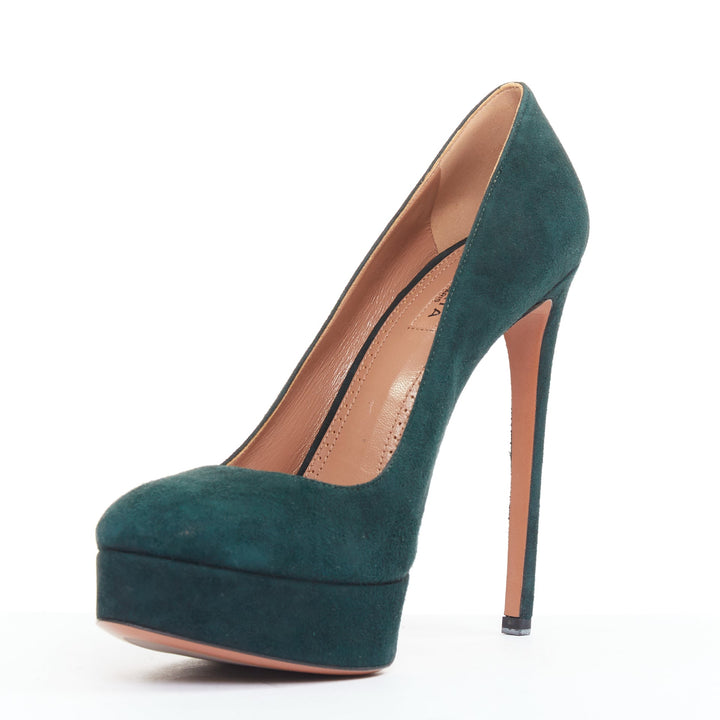 ALAIA forest green suede almond toe platform pumps EU37.5