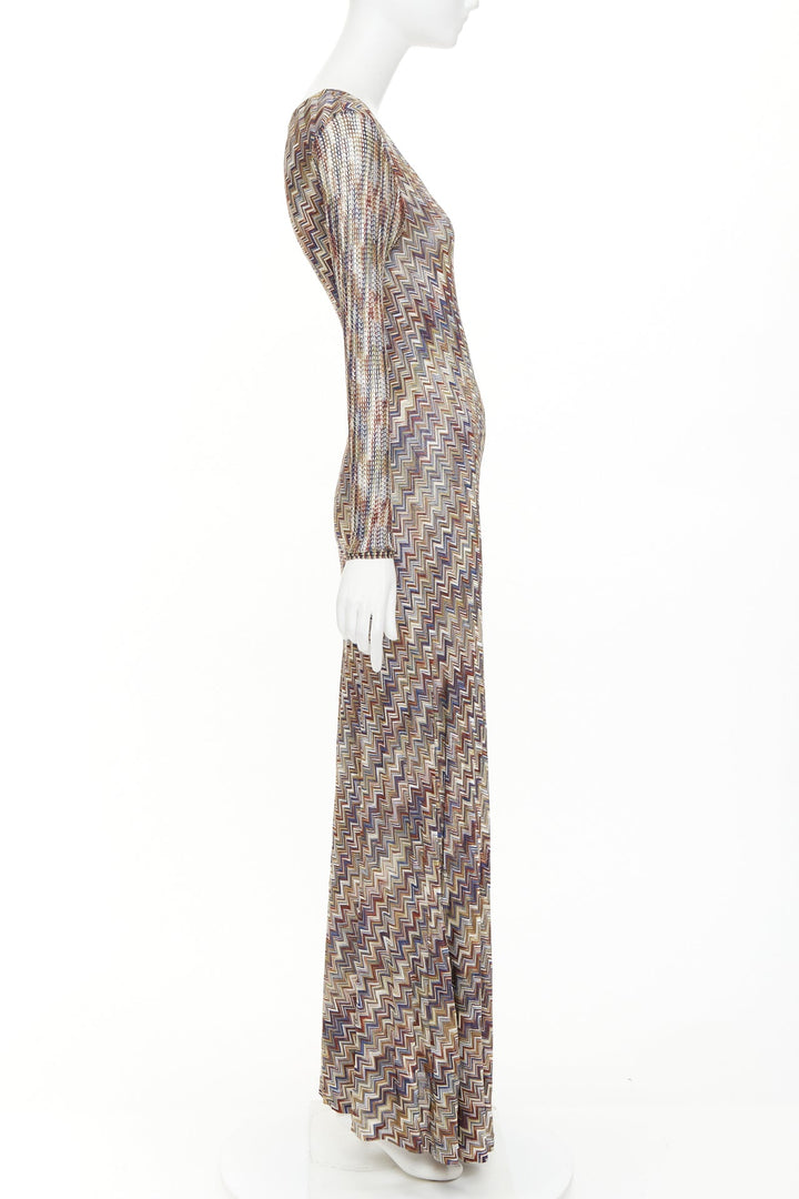 MISSONI multicolor lurex metallic chevron zigzag knit scoop maxi dress IT42 M