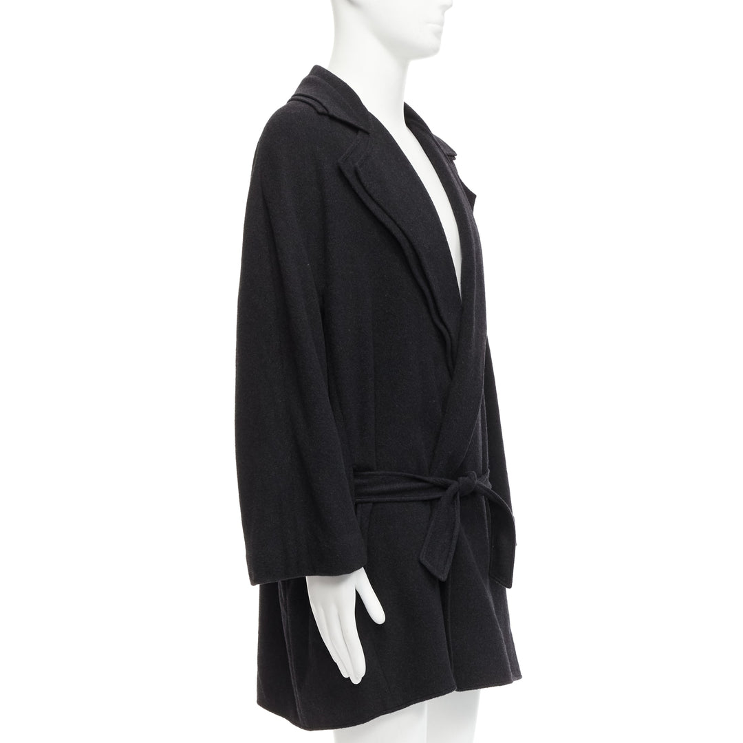 HERMES Vintage dark grey double faced cashmere dual collar belted coat EU48 M