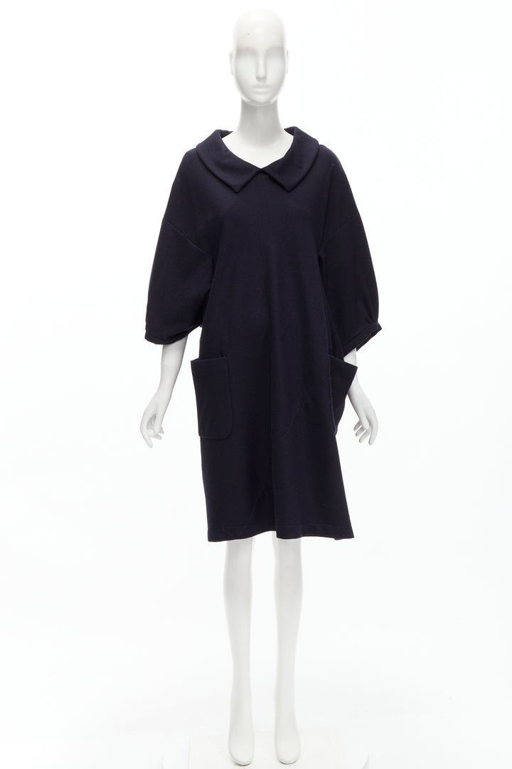 Female mannequin wearing Comme Des Garcons by Rei Kawakubo 2013 Navy Wool Women Casual Dress in Size  S | Available at JHROP