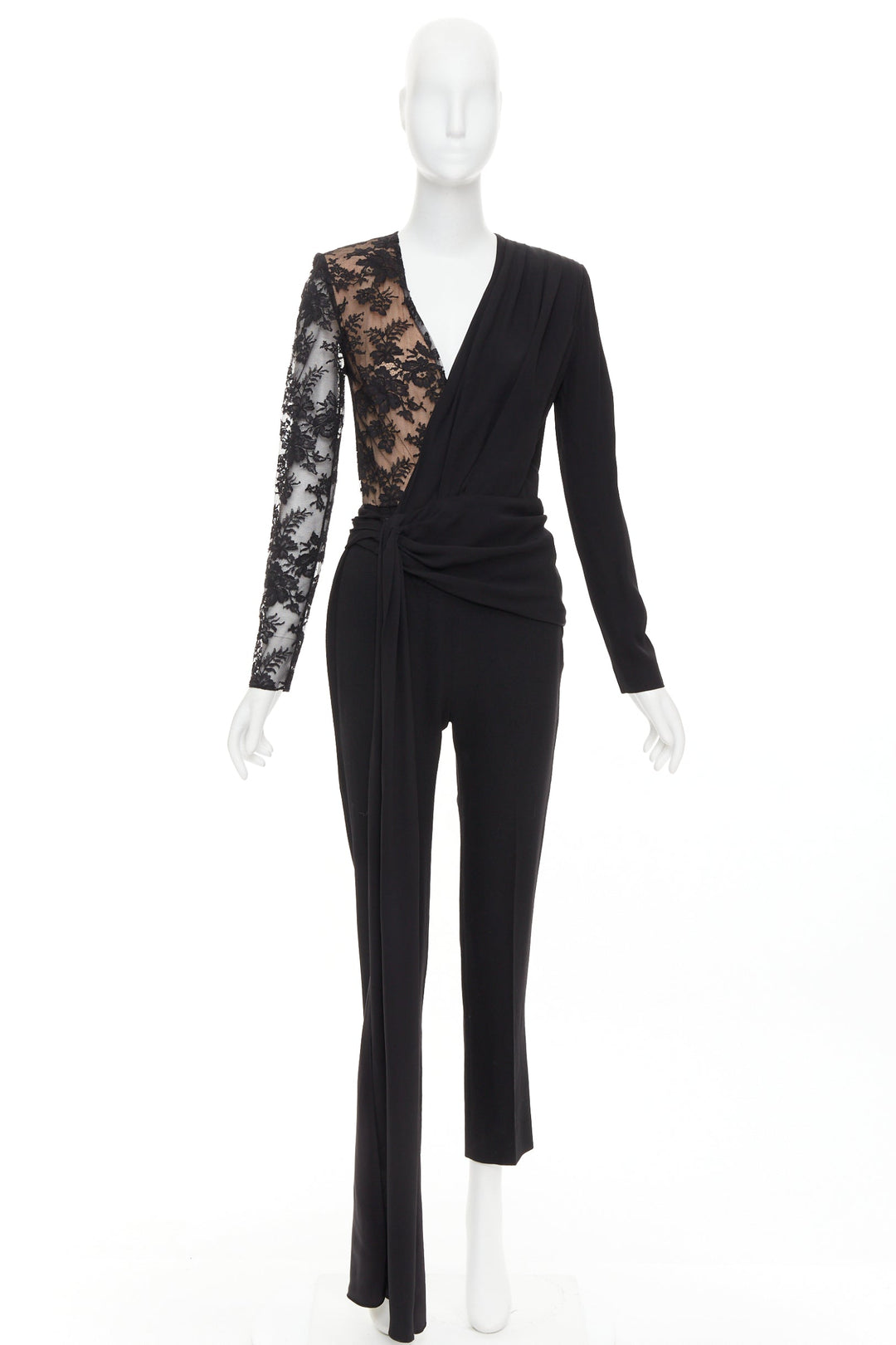 GIVENCHY black silk cotton blend intricate lace trim wrap jumpsuit FR36 S