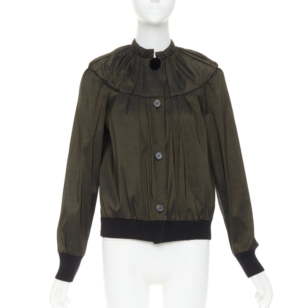 LANVIN 2006 olive green silk blend ruched rib contrast blouse overshirt FR36 S