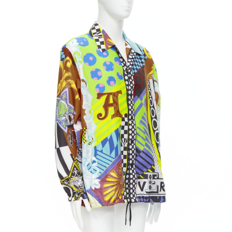 Male mannequin wearing Versace by Donatella Versace Pop Temple Runway Multicolour Nylon Men Parka Jacket in Size IT48 | Available at JHROP