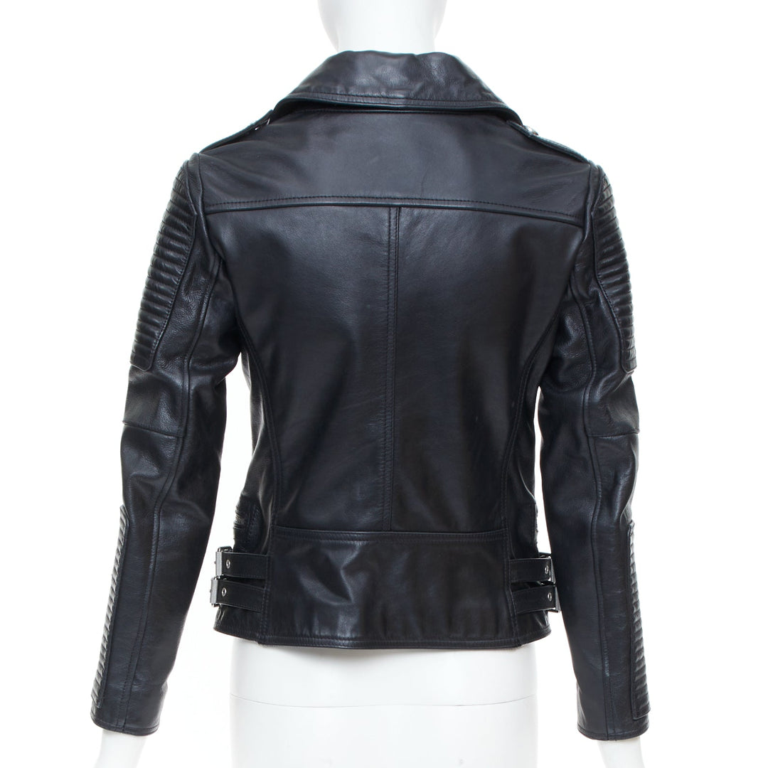 BURBERRY BRIT 2015 Loseley ribbed black cow grain leather moto jacket IT38 XS