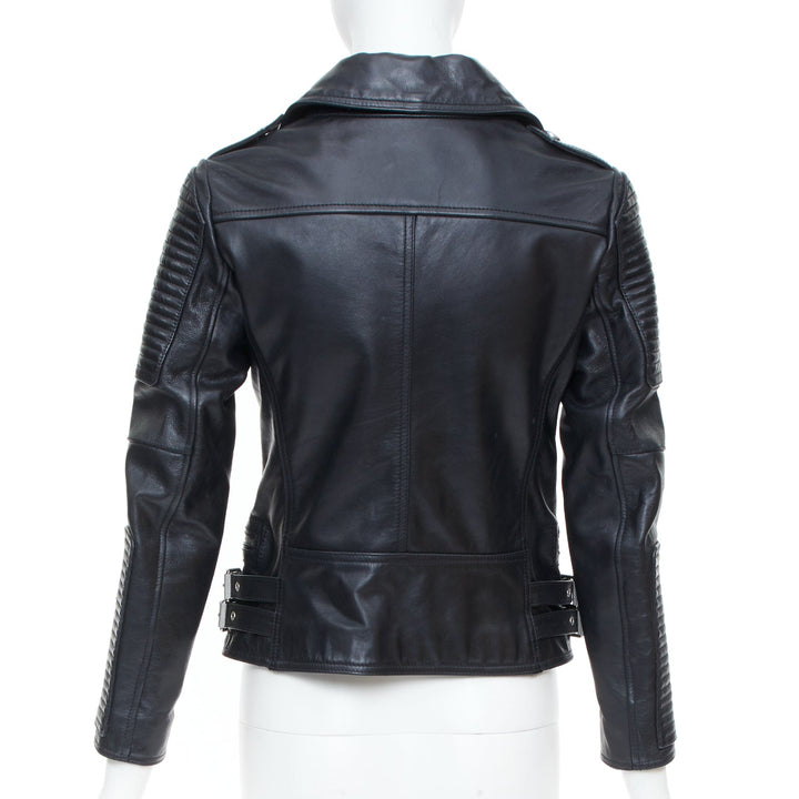 BURBERRY BRIT 2015 Loseley ribbed black cow grain leather moto jacket IT38 XS