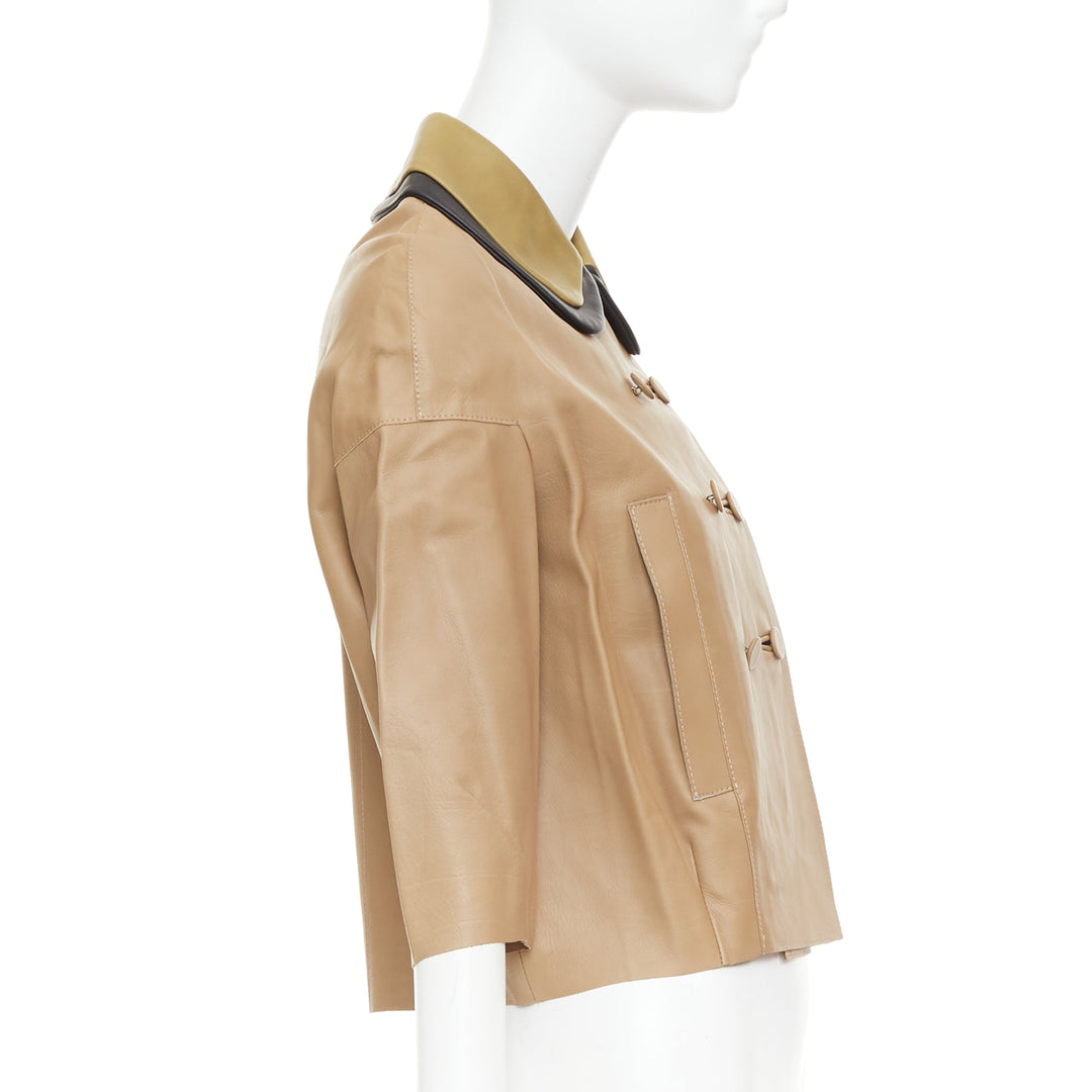 MARNI brown leather green black dup collar cropped double breast jacket IT36 XXS