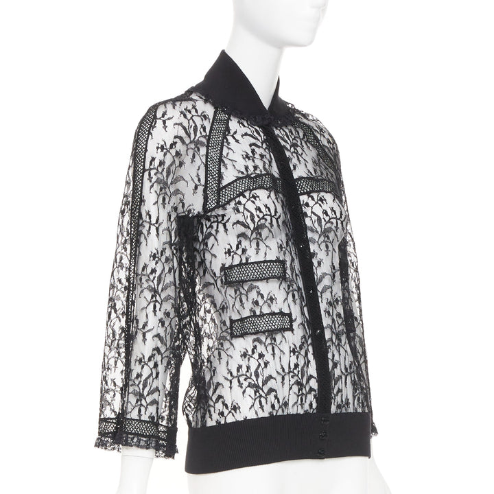 rare CHANEL 07C Vintage sheer floral lace cardigan button up blouse top FR34 XS