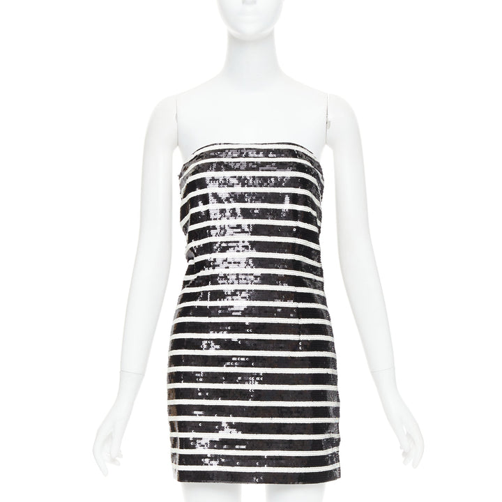 VERONICA BEARD Cala black white striped sequin strapless corseted dress US0 XS