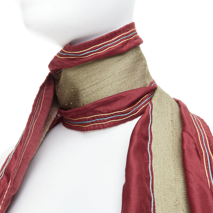 DRIES VAN NOTEN burgundy green silk cotton fringe wrap scarf