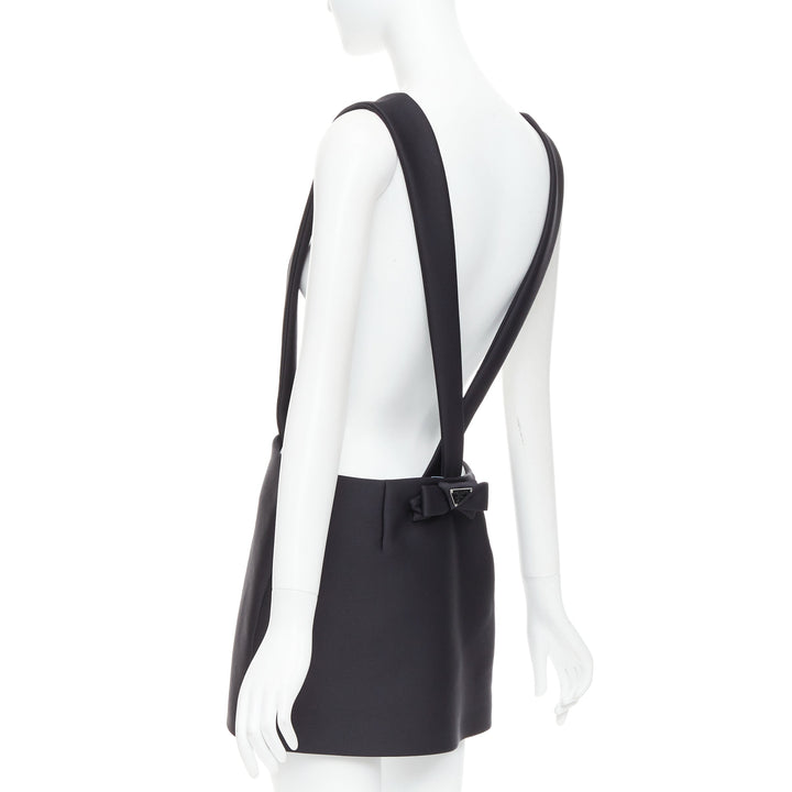PRADA 2023 black virgin wool blend logo bow back suspender mini skirt IT40 S