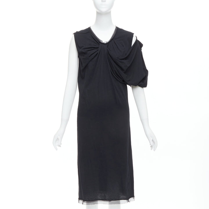 LANVIN black cotton silk trimmed asymmetric draped midi dress XXS