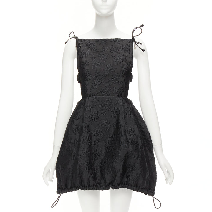 SHUSHU TONG black floral jacquard bungee cord ruched babydoll dress UK8 S