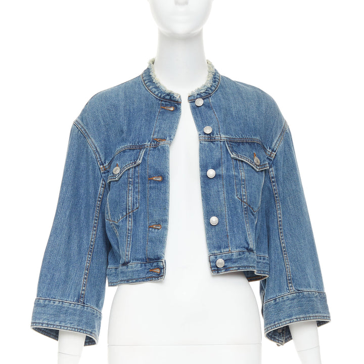 DRIES VAN NOTEN 2017 blue washed distressed 3/4 sleeve crop denim jacket FR38 M