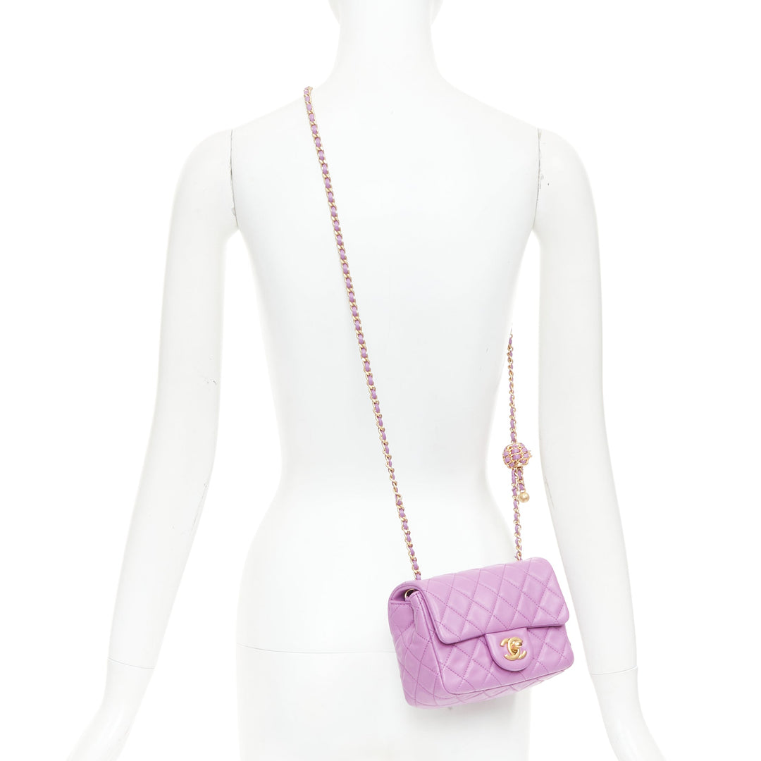 CHANEL Pearl Crush Mini Square Flap purple lambskin age gold globe crossbody bag