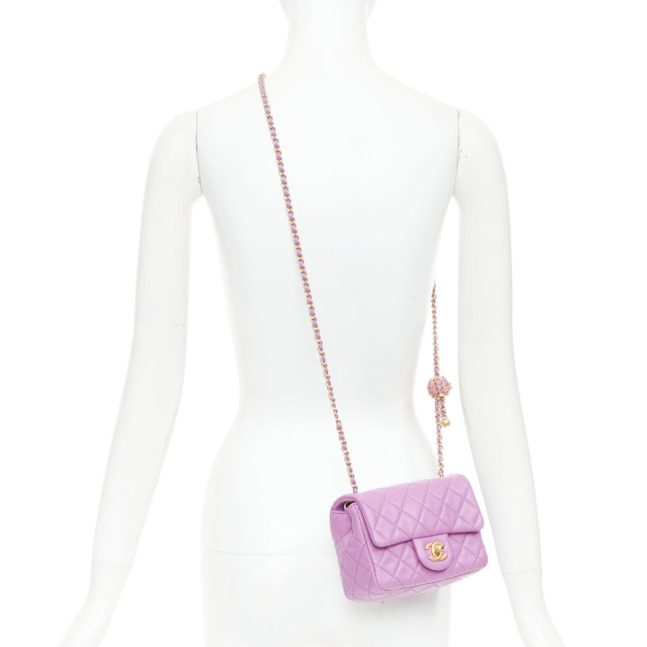 CHANEL Pearl Crush Mini Square Flap purple lambskin age gold globe crossbody bag