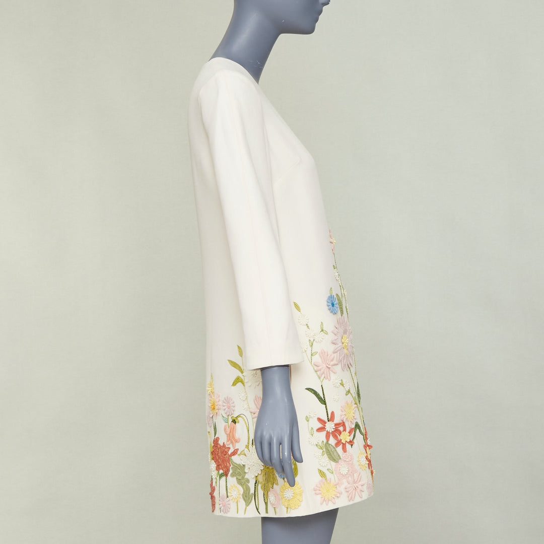 VALENTINO Crepe Couture ivory wool silk floral embroidered A-line dress IT38 XS