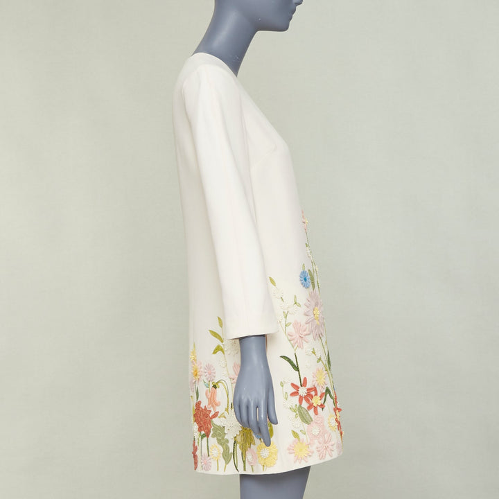 VALENTINO Crepe Couture ivory wool silk floral embroidered A-line dress IT38 XS