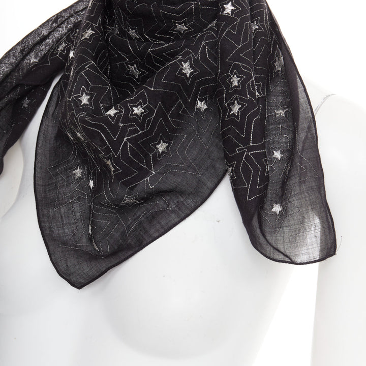 SAINT LAURENT black silver star embroidery lightweight square scarf