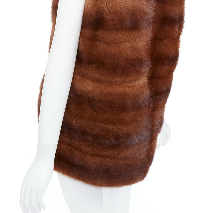 LUCIA PIERI brown real fur hooded patchwork tiered sleeveless vest