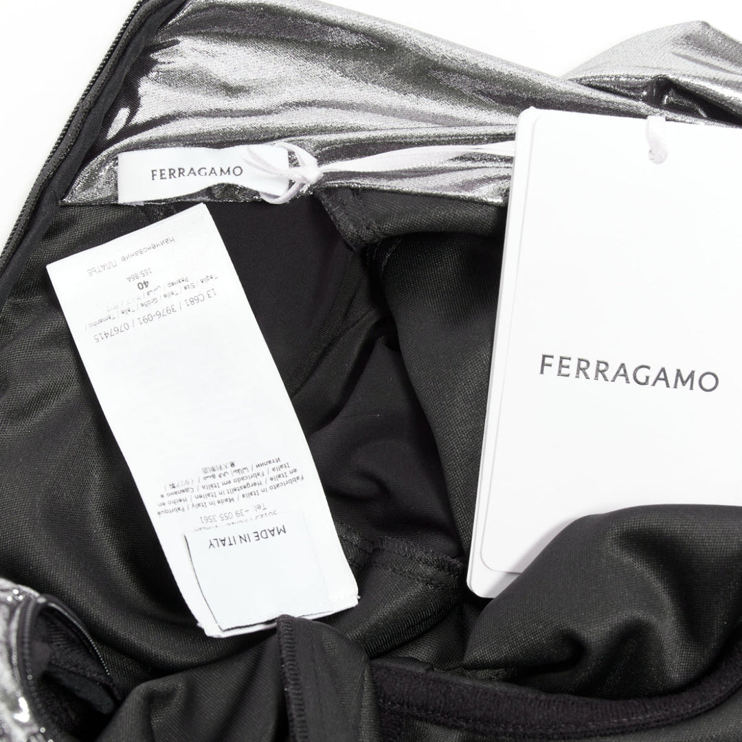 FERRAGAMO Maximilian Davis 2023 Runway metallic silver lame wrapped dress IT42 M