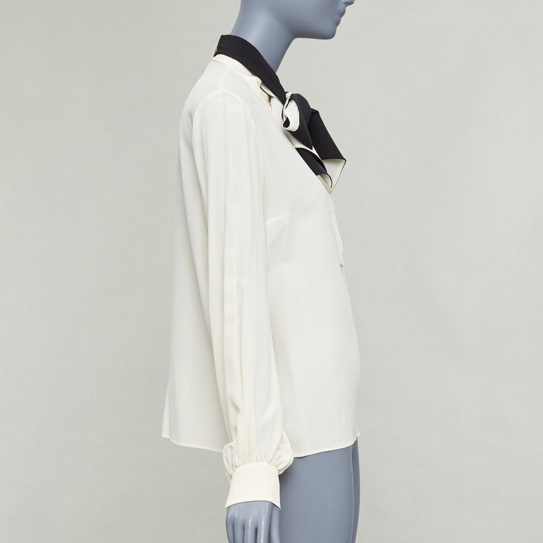 LANVIN cream 100% silk black contrast tie neck peasant blouse FR34 XS
