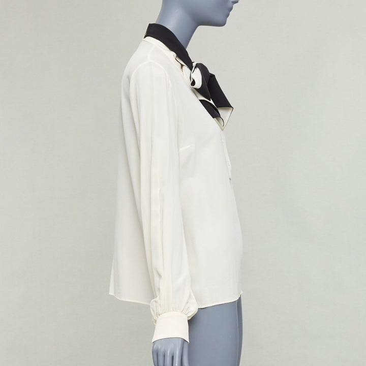 LANVIN cream 100% silk black contrast tie neck peasant blouse FR34 XS
