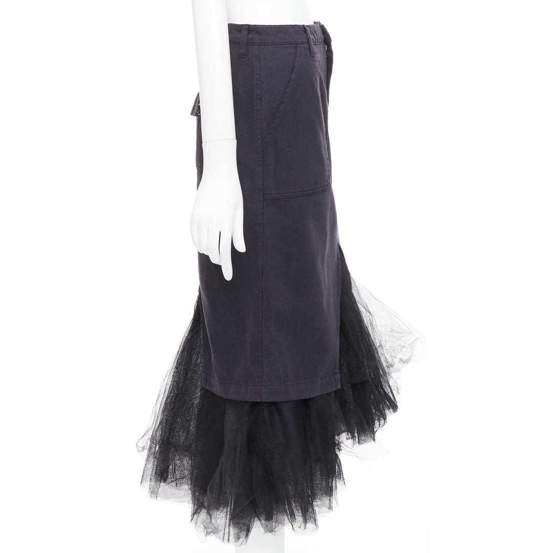 LE SUPERBE black denim tulle hem overlay crystal button midi skirt US0 XS