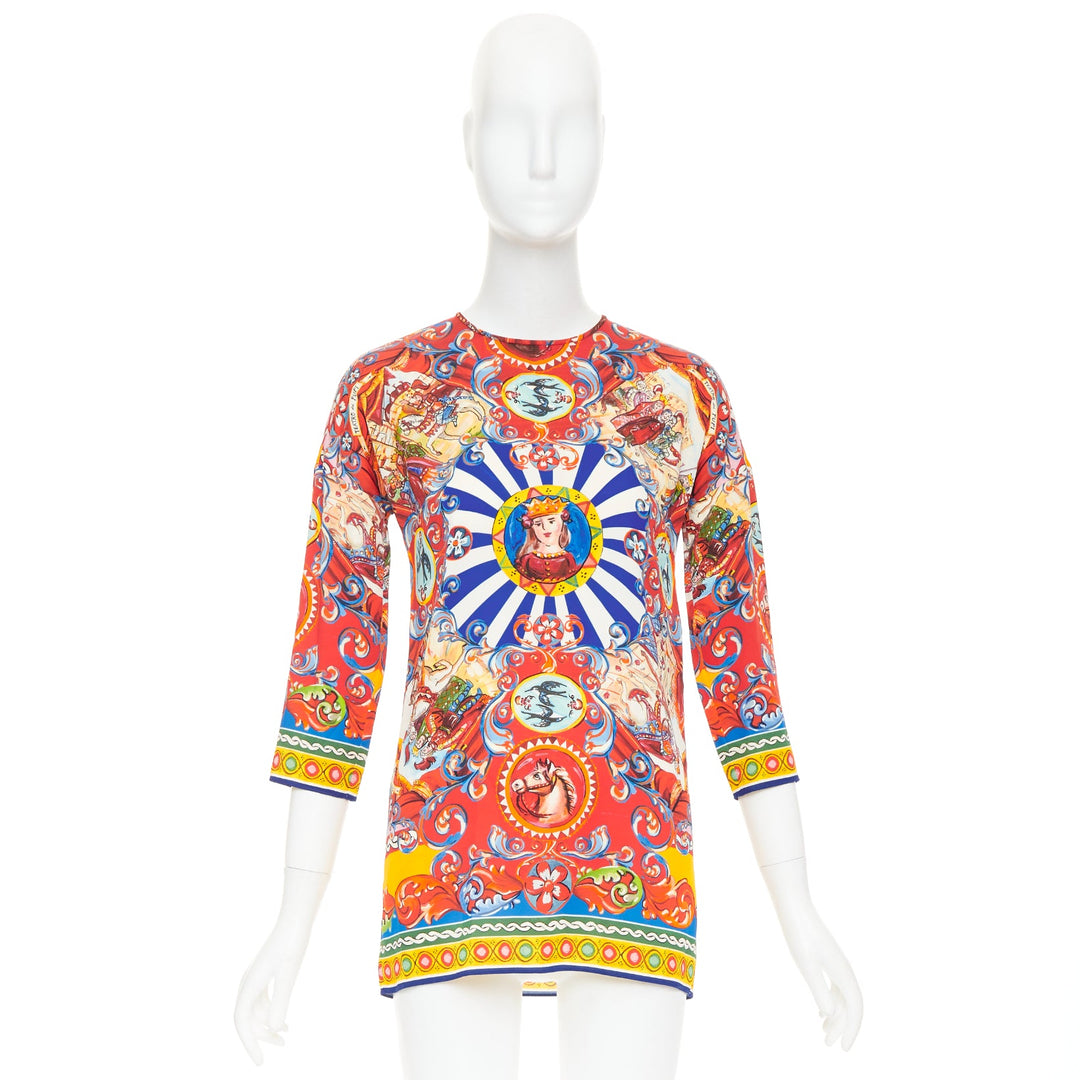 DOLCE GABBANA Sicilian Teatro Carretto red multicolor silk print tunic top IT38