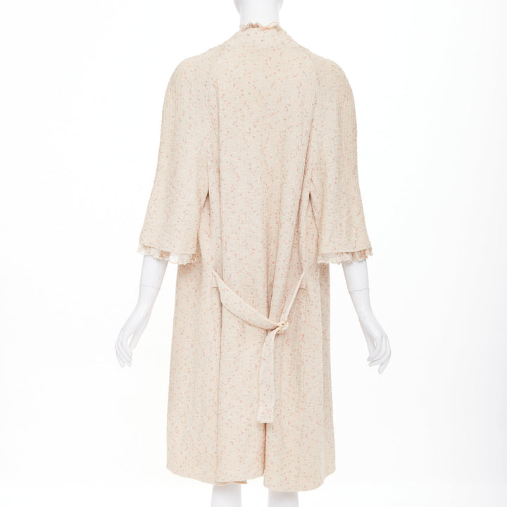 ST JOHN COUTURE cream pink flecked boucle knit ruffle trim duster coat US14 3XL