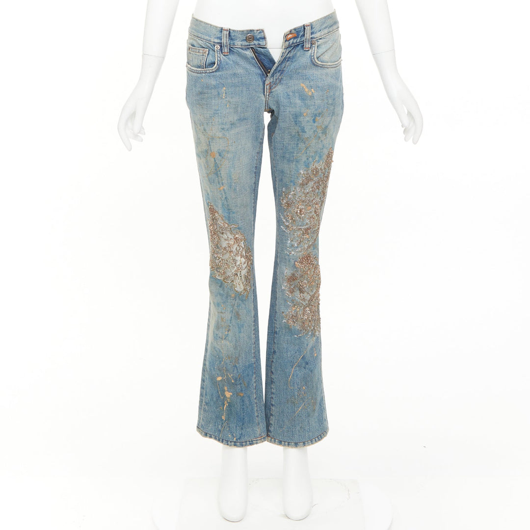 RALPH LAUREN Purple Label gold painted sequins splash floral flared jeans 26"