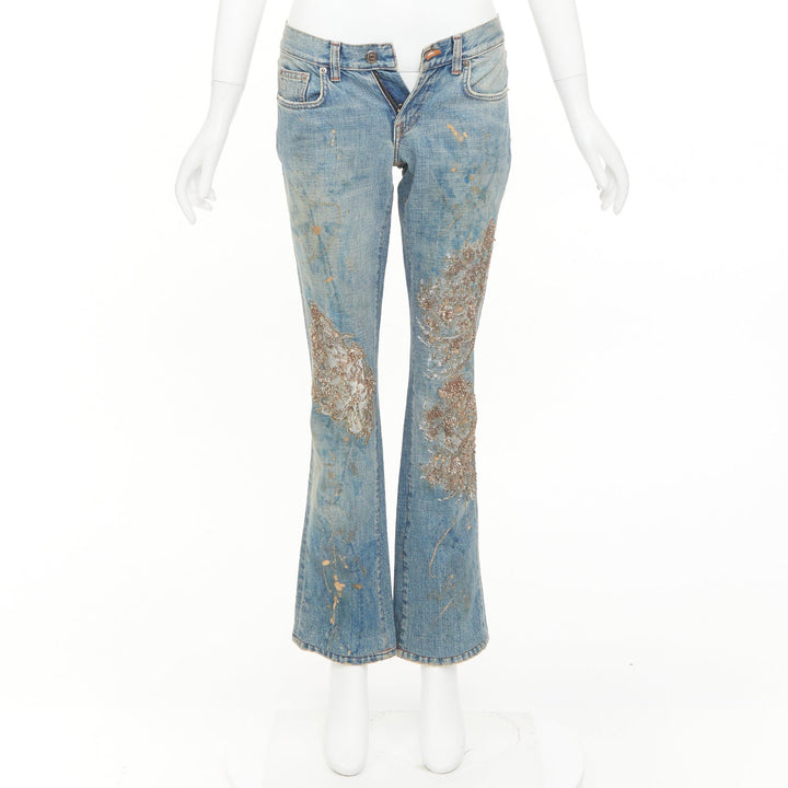 RALPH LAUREN Purple Label gold painted sequins splash floral flared jeans 26"