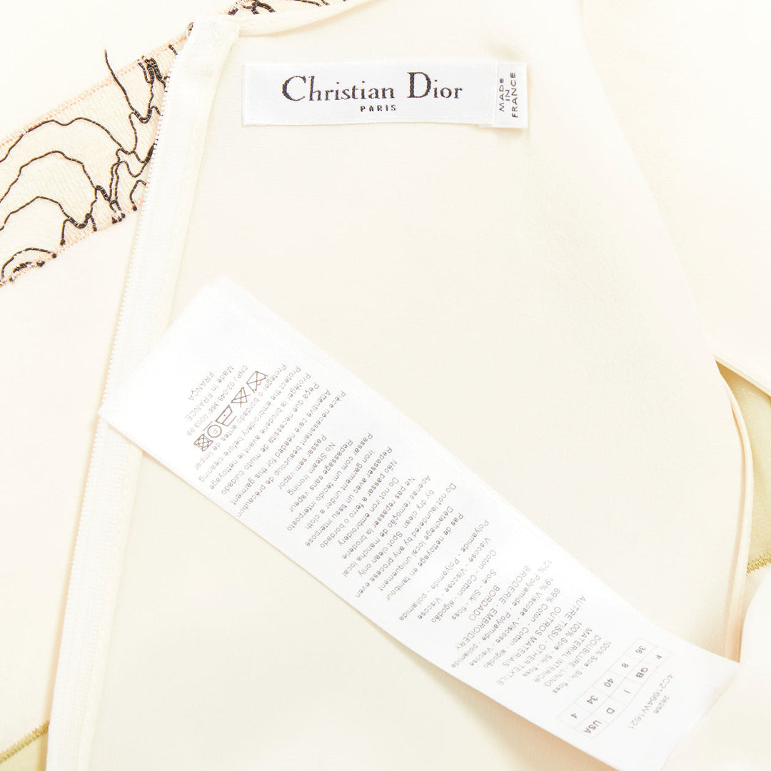 DIOR Raf Simons 2014 Runway silk ivory black floral applique shift dress FR36 S