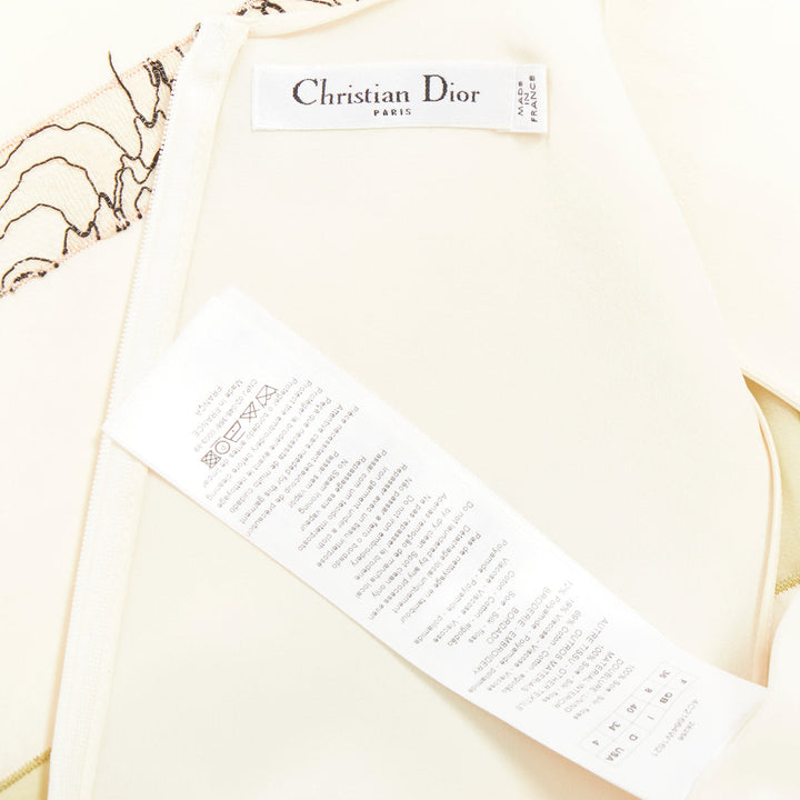 DIOR Raf Simons 2014 Runway silk ivory black floral applique shift dress FR36 S