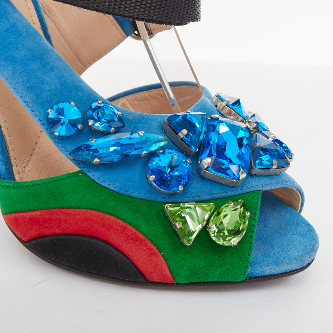 rare PRADA 2014 Runway asymmetric jewel colorblock suede heel sandals EU38 US8