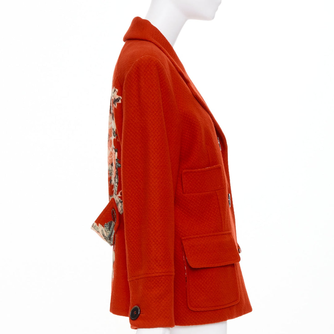 KENZO Vintage red wool floral intarsia back double breasted coat FR46 3XL