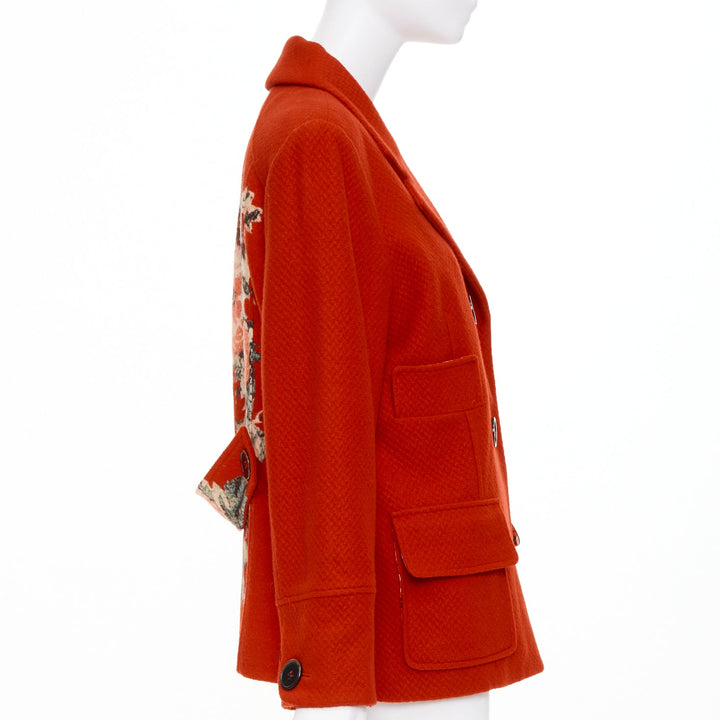 KENZO Vintage red wool floral intarsia back double breasted coat FR46 3XL