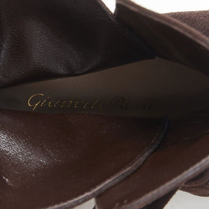 GIANVITO ROSSI dark brown suede wrap tie chunky block heel ankle boot EU37 US7