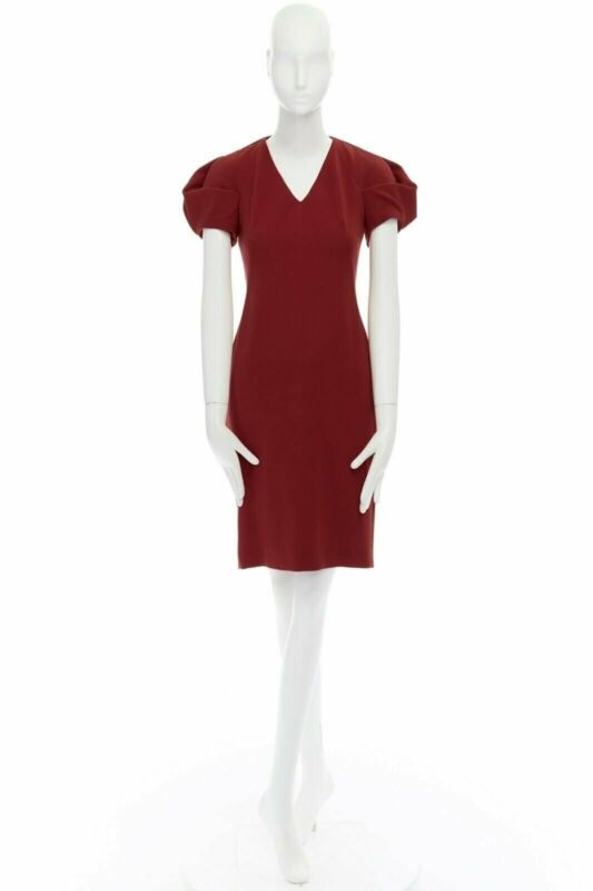 ALEXANDER MCQUEEN 100% wool crepe V-neck pleated sleeves cocktail dress IT38 XS